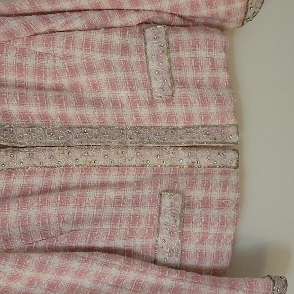 BEREK by TAKAKO SAKON Pink Plaid Tweed Lace Beaded Embellished Blazer - Picture 5 of 16